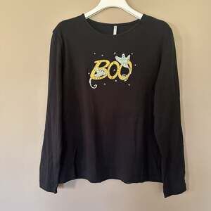 Halloween Top Cute Ghost Boo Long Sleeve Tshirt L Embellished Black Fun Festive